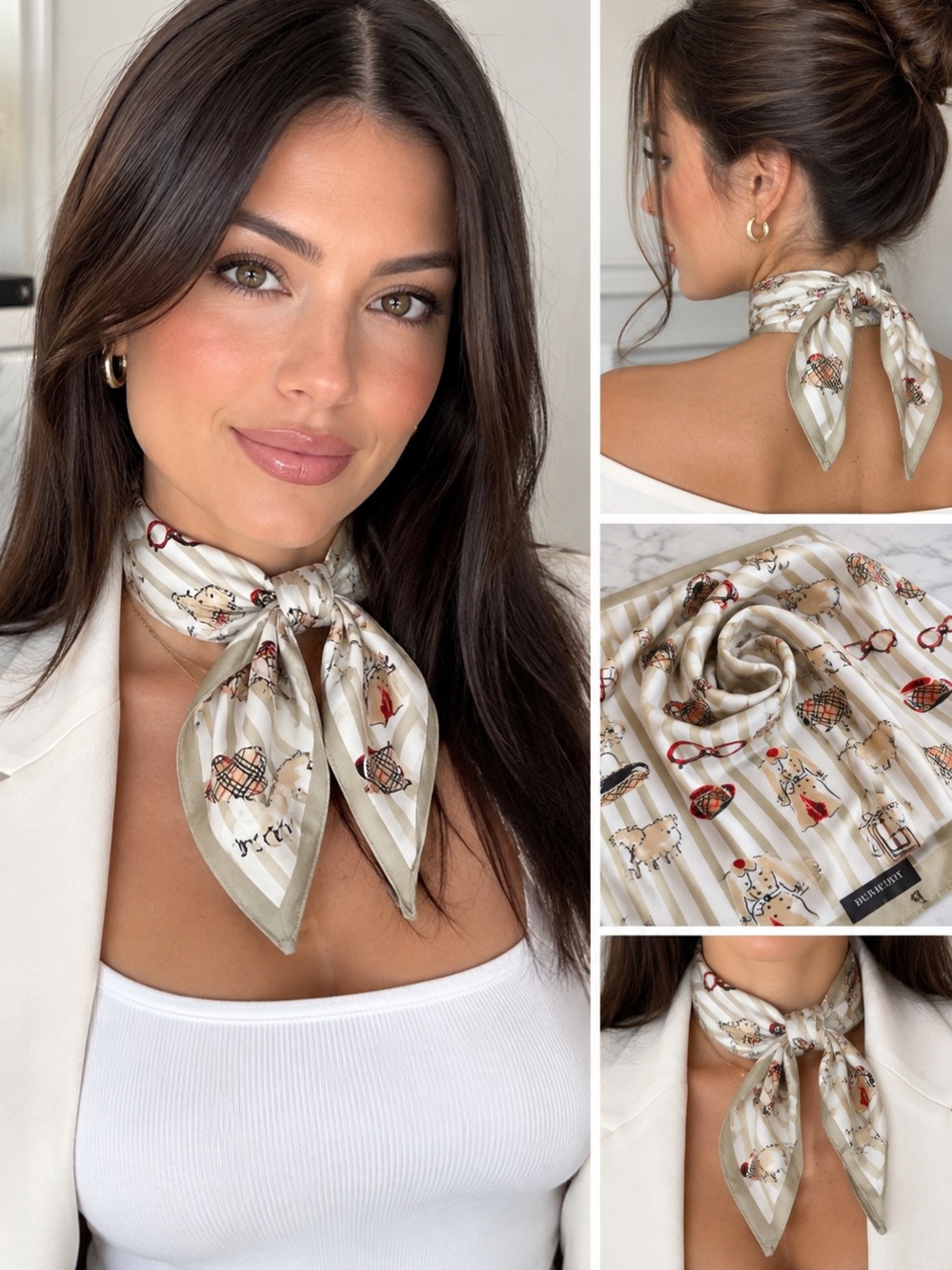 Burberry London Silk Cotton Scarf Striped Trench Sheep Print Neckchief 49x49cm